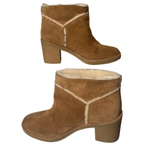 UGG Kasen Ankle Boots Womens 6.5 Tan Suede Leather Shearling Lined 3" Block Heel - Picture 3 of 10